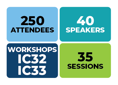 OTCS-infographic listing 250 attendees, 40 speakers, 35 sessions and workshops for IC32 and IC33.